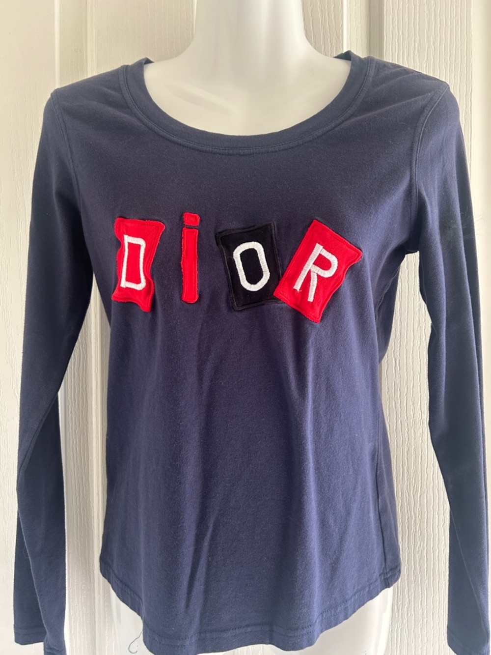 Dior Navy Long-Sleeve Tee with Red Logo Blocks